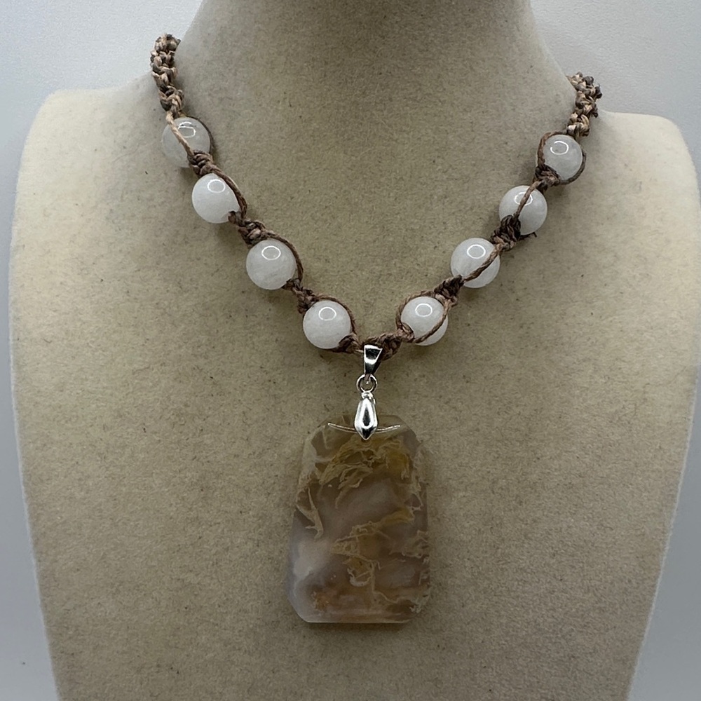 Handmade Hemp Necklace with a Moss Agate Pendant and White Jade Beads